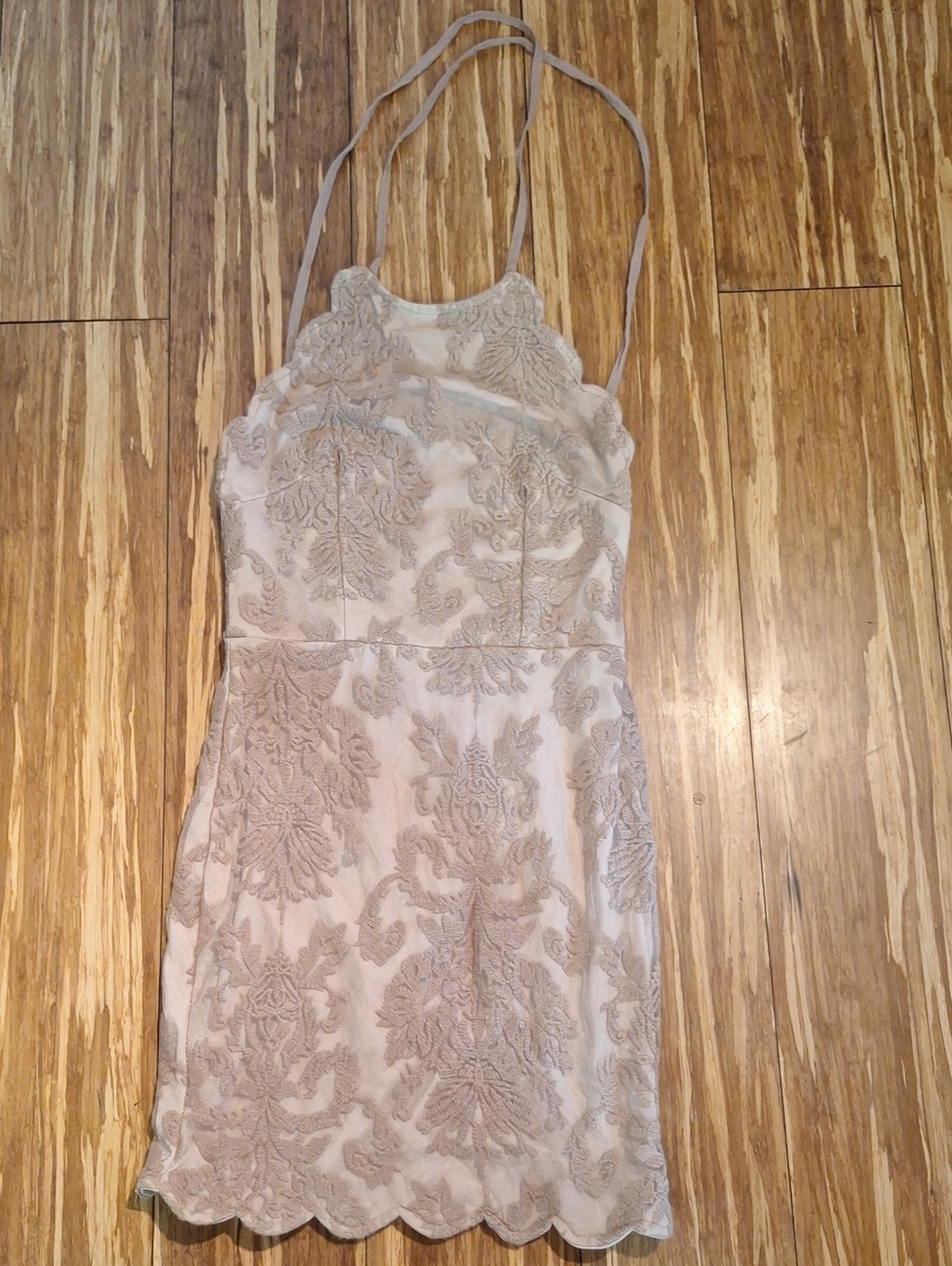 Hello Molly Size 6 Tan Lace Halter Open Back Lace Up Mini Dress EUC